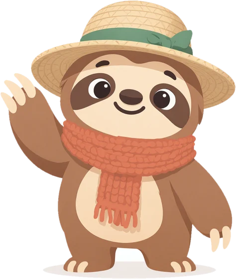 Nimu the sloth trying on a straw hat and scarf