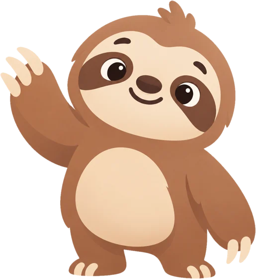Nimu the sloth standing in the clearing, waving