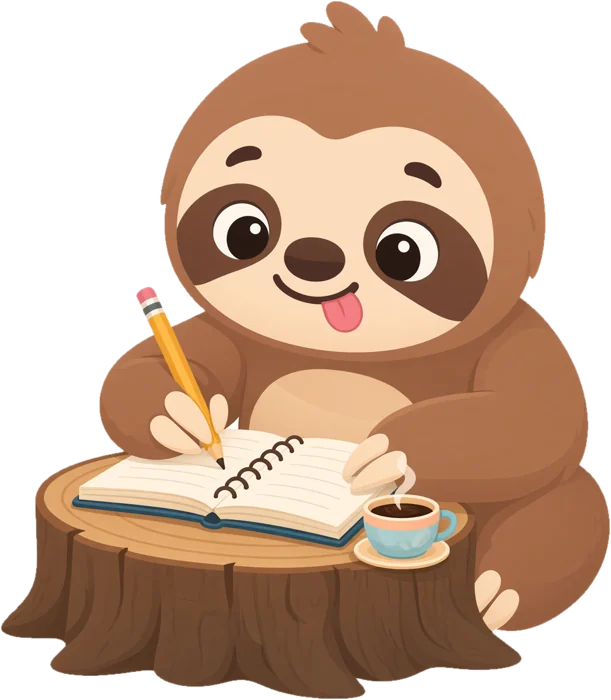 Nimu the sloth working beside you at a tree-stump desk, writing in a notebook