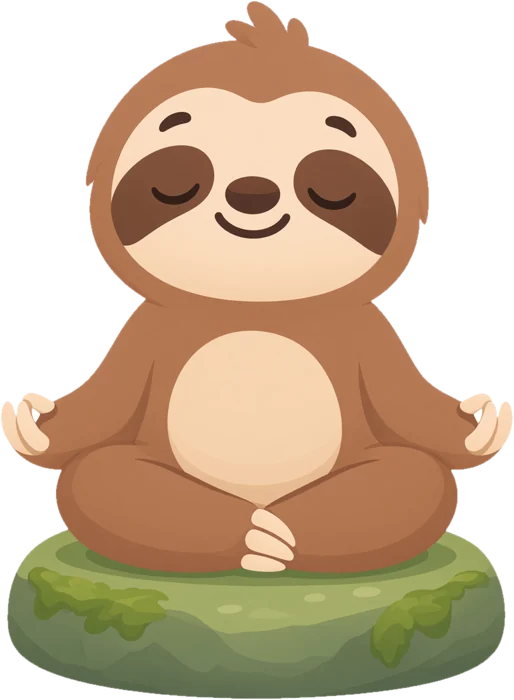 Nimu the sloth meditating on a mossy stone, eyes closed, breathing slowly with you