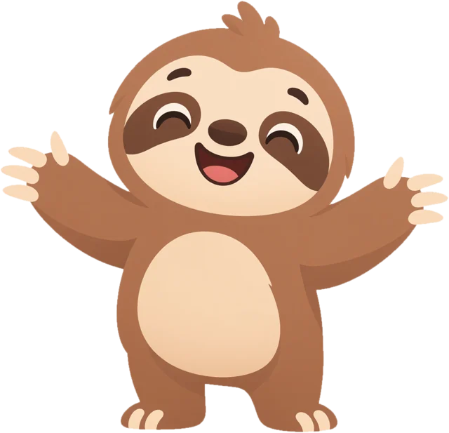 Nimu the sloth presenting with open arms